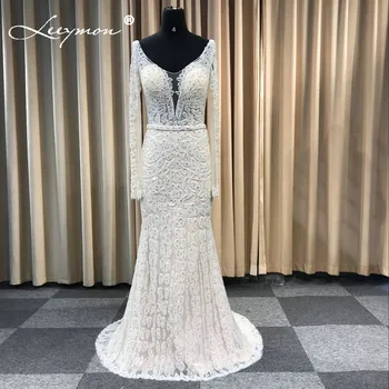 شراءLeeymon الثقيلة مطرز كامل اللؤلؤ الزفاف اللباس الخامس الرقبة طويلة الأكمام حورية البحر فستان زفاف العاج الطابق طول اللباس