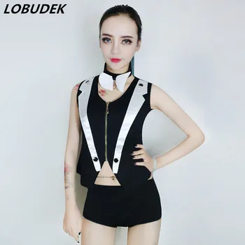 

Female Magician Performance clothes Jazz dance teams DJ DS Costumes Bar Nightclub Women singer show sexy black two piece dress