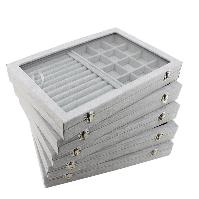 New 35*24*4.5cm Grey Jewelry Display Box Case for Rings Earrings Bracelets Necklaces or Other Ornaments Storage Organizer