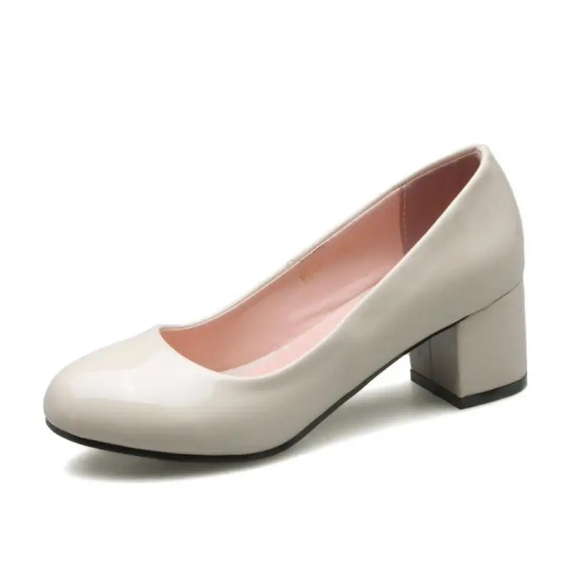 ZALAVOR/женские туфли-лодочки; 6 цветов; туфли из лакированной кожи с круглым носком на высоком каблуке; женская офисная обувь для вечеринок; большие размеры 32-46 - Цвет: Бежевый