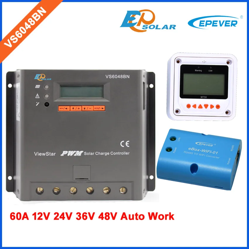 

PWM EPSolar Free shipping solar regulator 60A 60amp VS6048BN wifi APP use white MT50 meter 12v/24v/36v/48v auto work