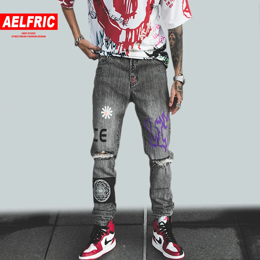 

AELFRIC Fashion Hone Pattern Print Jeans Mens Autumn Winter Denim Pants Harajuku Streetwear Hip Hop Joggers Male Casual Trousers