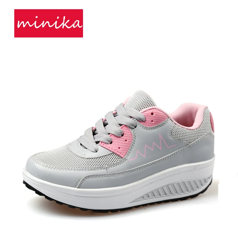 2017  Mesh Breathable Wedge Sneakers For Women Loss Weight Slimming Toning Shoes  4.5CM Lacing Mixed Color Traveling Women Shoes