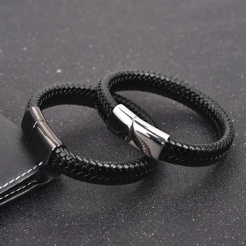 

Jiayiqi Men Braided Leather Bracelet Stainless Steel Magnetic Clasp Fashion Black /Brown Bangles Punk Men Jewelry 18.5/20.5/22cm