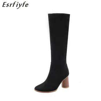 

ESRFIYFE 2019 New Women Knee High Boots Woman Thick Heel Autumn Winter Flock Female Fashion Boots Warm Plush Large Size 34-48