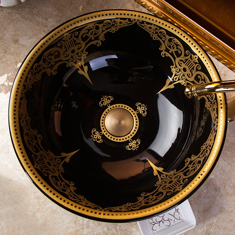 China Artistic Handmade Engraving Ceramic wash basin Lavobo Round Countertop carved wash basin bathroom sinks (9)