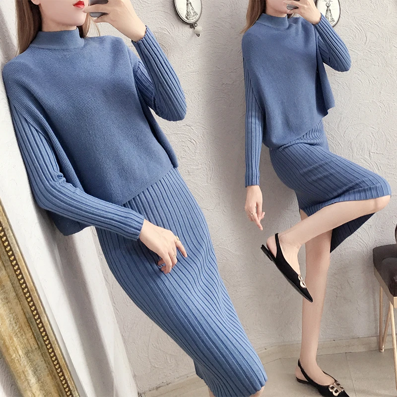 

New Winter Women Knitting Sweater Suits Two-Piece Bodycon Knitwear Dress $ Loose Sweater Elastic Good Quality Vestido Girl Set