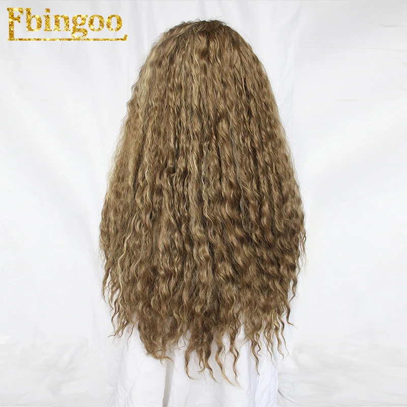 Ebingoo Kinky Curly High Temperature Fiber Perruque 24 Inch Blonde Orange Brown Synthetic Lace Front Wig With Free Part