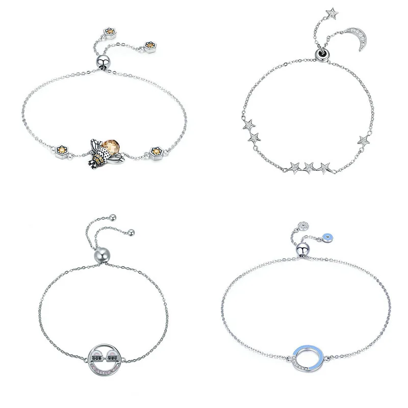 

100% 925 Sterling Silver Honey Bee Chain Link Bracelets For Women Smiley Face Moon & Stars Bracelet Femme Bijoux Fashion Jewelry
