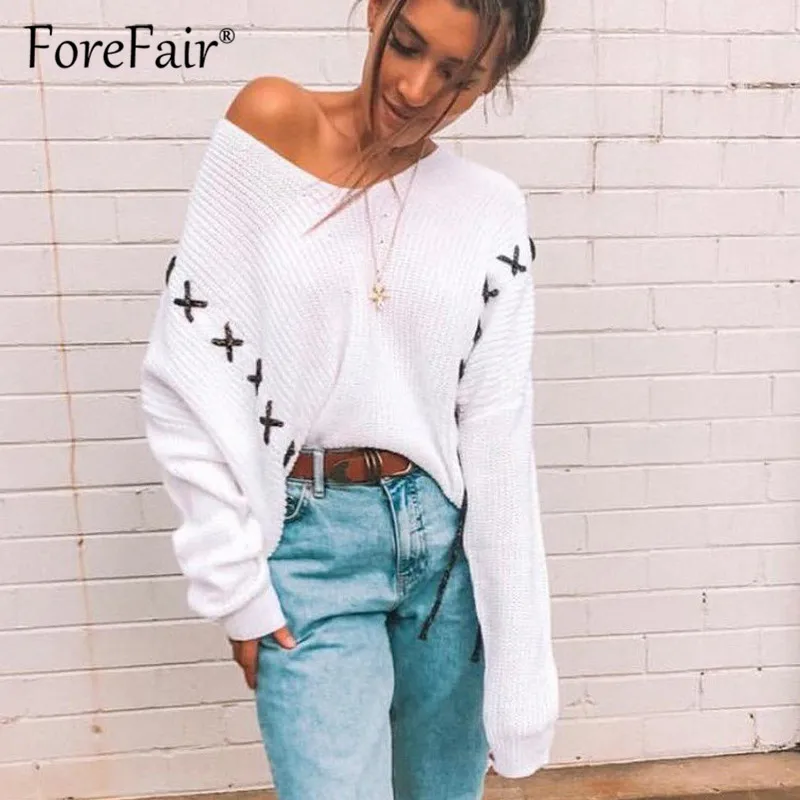 Forefair Casual Loose White Knitted Sweater 2018 Women Autumn Long Sleeve Pullovers Lace-up Oversize Tops Sweaters Sweaters