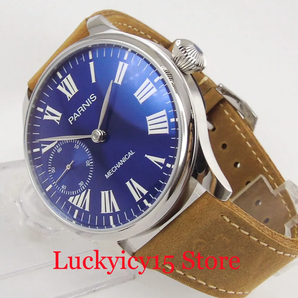 

PARNIS 44mm Mechanical Hand Winding Men's Watch Blue Dial Roman Numbers Camel Strap Polished Case