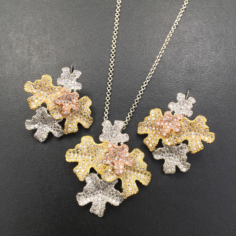 

LanRuiSha Jewelry Set Stylish Romantic Sea Coral Flower Full Zircon Plated Necklace with Earrings Wedding Bridal Best Gifts