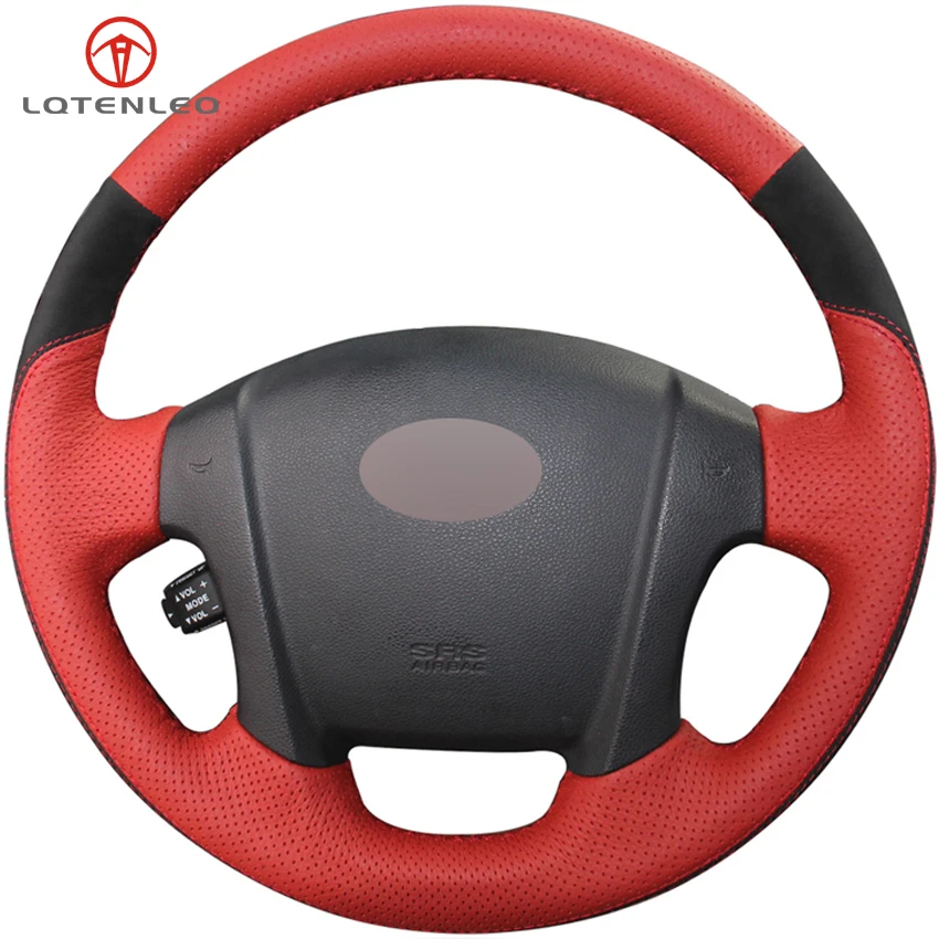 LQTENLEO Red Genuine Leather Black Suede Hand stitched Car Steering