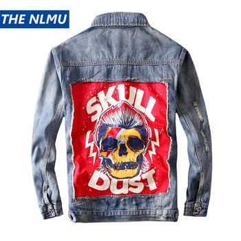 

Denim Jacket Men Hole Distressed Skulls Print Jeans Coat Hip Hop Patch Jacket Streetwear 2019 Spring Autumn Tops for Male HW117