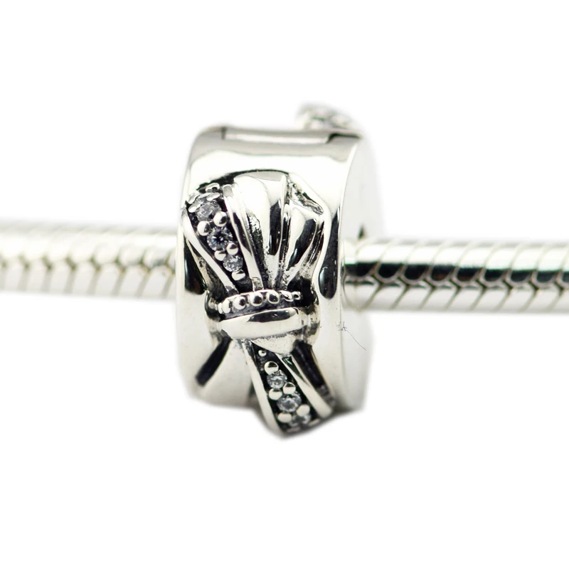 

Authentic 925 Sterling Silver Clear CZ Shiny Bow Clip Charm Beads for Jewelry Making Fits Snake Chain Bracelets Berloque