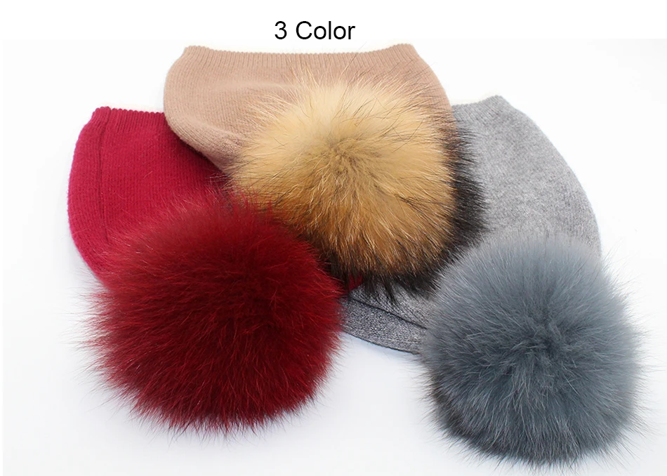 Winter Hats For Girls Skullies Knitt Wool Pom Poms Beanies Female Real Fox Fur Pompon Hat For Women 2018 New (2)