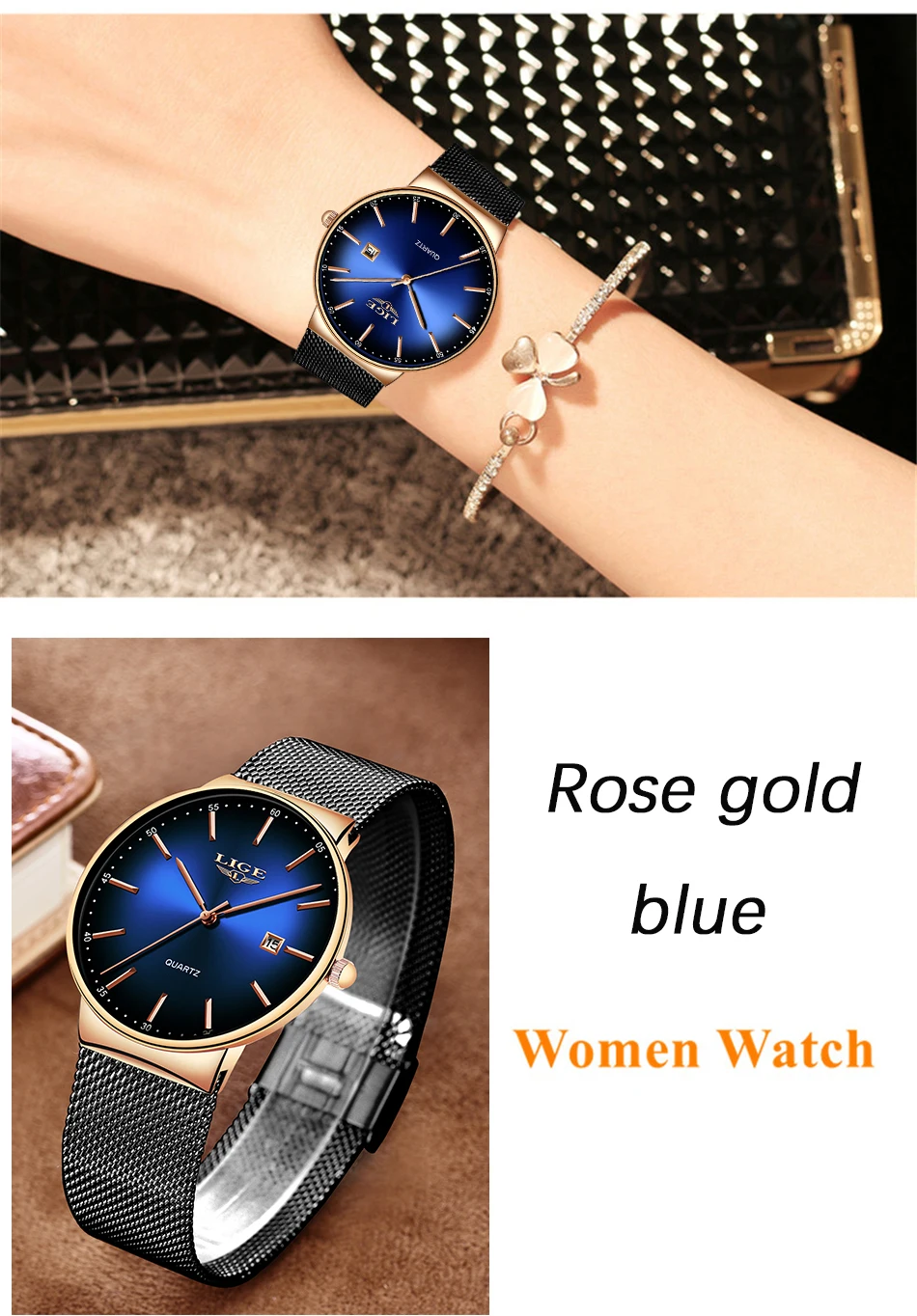 Montre Femme LIGE новые роскошные женские часы модные простые часы для женщин s Синий сетчатый ремень кварцевые часы женские часы Relogio Feminino