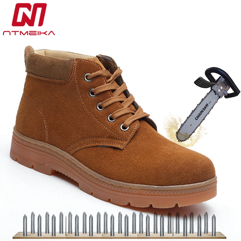 

Men Work Safety Shoes Steel Toe Cow Suede Safety Boots Men Lace Up Breathable Yellow Work Boots Men Winter Shoes Big Size 36-46