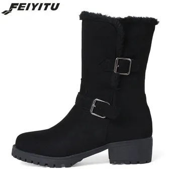 

feiyitu Ladies falt boots Women vintage Snow half short botas Warm winter boots Cotton footwear shoes Plus size 34-44