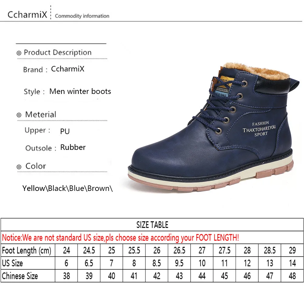 CcharmiX/зимние мужские ботинки; высококачественные зимние рабочие мужские ботинки из искусственной кожи; водонепроницаемые теплые меховые ботильоны на шнуровке; Мужская обувь; большие размеры 39-46
