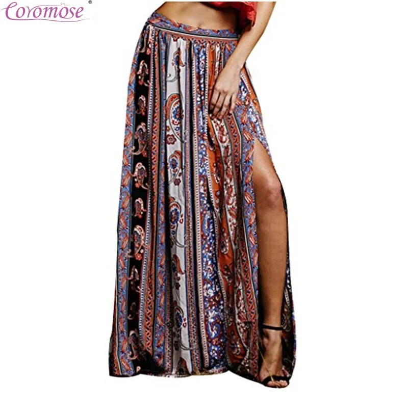 Coromose Women's High Elastic Waist Gypsy Boho Tribal Floral Casual Maxi Beach Skirt for Fashion Ladies Summer | Женская одежда