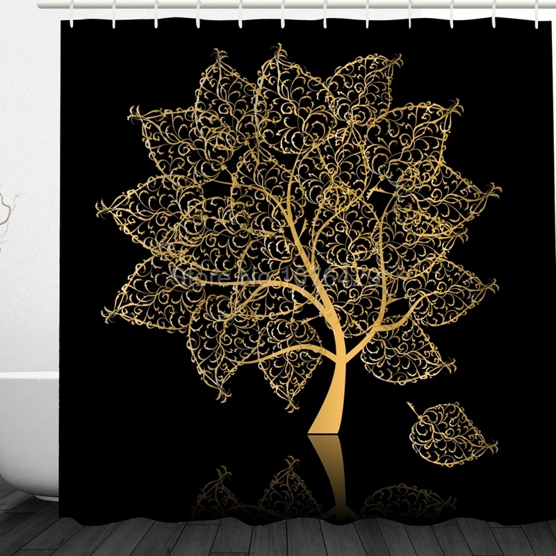 

Gold Tree Hollowed Out Pattern Design Custom Shower Curtains Bathroom Waterproof Mildew Polyester Fabric + 12 Hooks