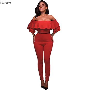 

Ladies elegant ruffles red long jumpsuit romper women off shoulder slash neck casual bodysuit summer overalls combinaison femme