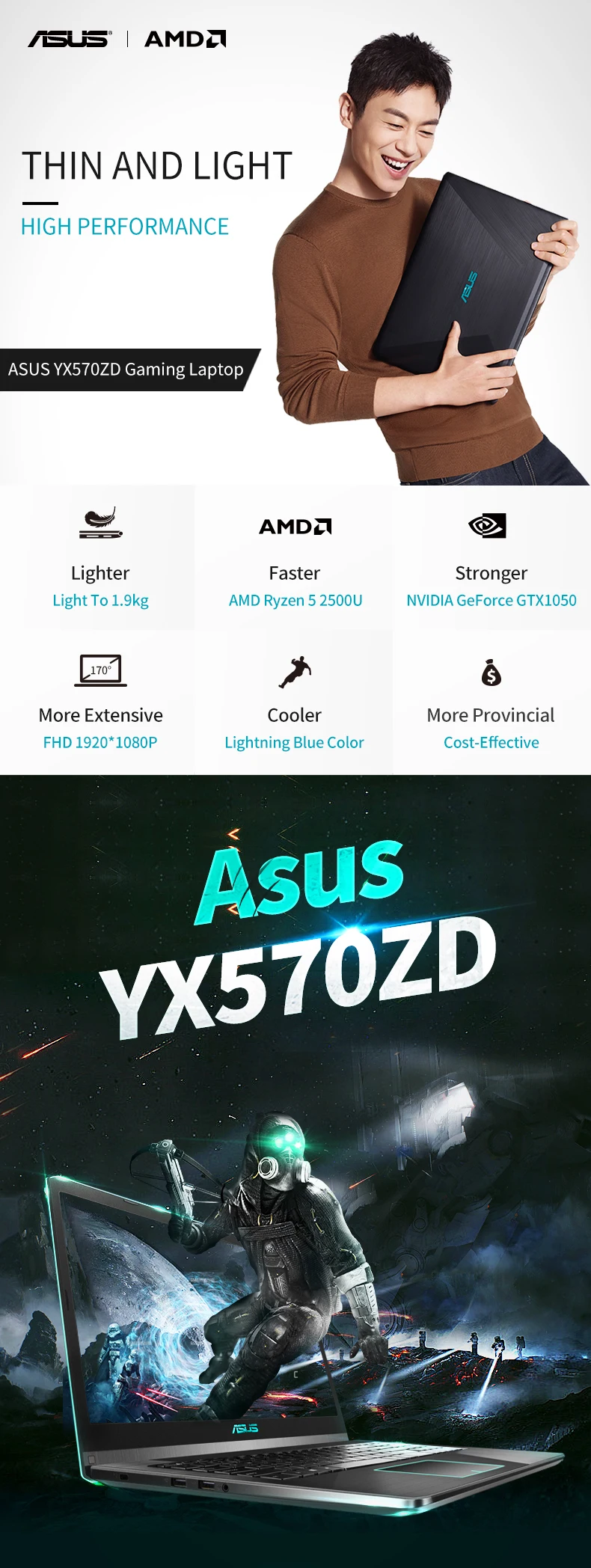 Игровой ноутбук ASUS YX570ZD (AMD Ryzen 5 2500U/GTX1050/8 GB ram/180G SSD + 1 T HDD/15,6 ''FHD) Ноутбук ASUS-brande