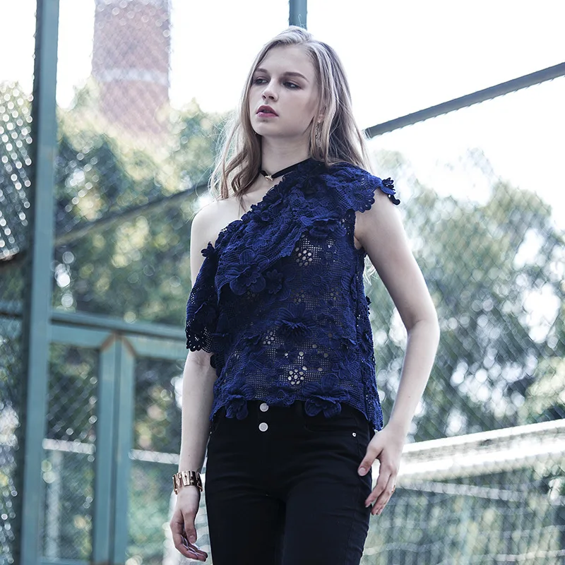 

Hollowed Out Women Lotus Blouses with Slant Shoulders A Character Leading A Trend 2019 The Shoulders Jacquard Shirt Women