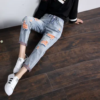 

Shredded jeans Women's Nine pants Korean version of the tide Loose Thin 2019 Spring and Autumn New students Wild pants Size 32