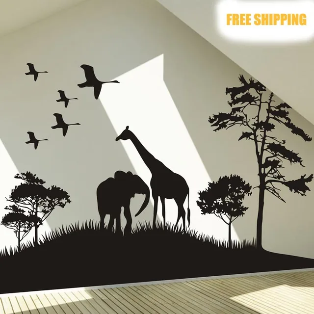 big size safari africa animals wall sticker elphant tree grass wall
