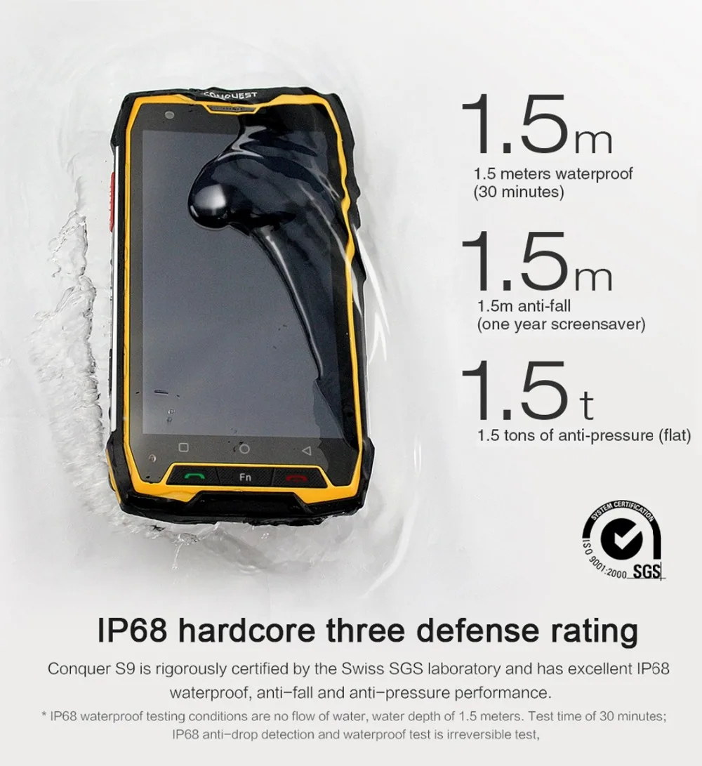 IP68 Conquest S9 5,5 дюймов Android 7,1 смартфон 6 ГБ 64 Гб 6000 мАч отпечатков пальцев (Fingerprint ID MTK6757 Octa Core NFC OTG с двойной sim мобильный телефон