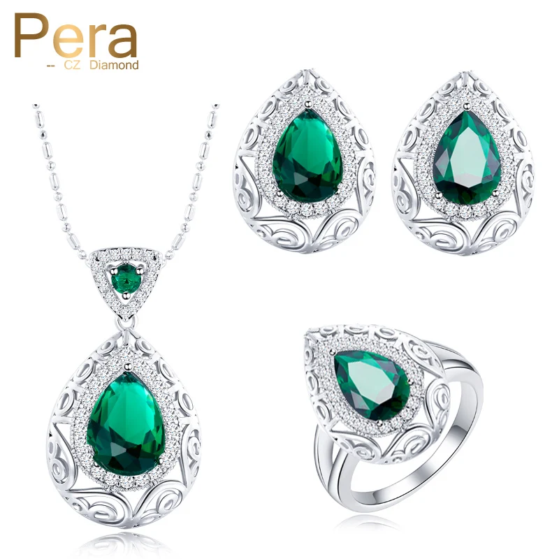 

Pera 8 Colors Fashion Women Choice Big Pear Drop Ring Necklace And Earrings CZ Crystal 3 Pcs Jewelry Set With Green Stone J171