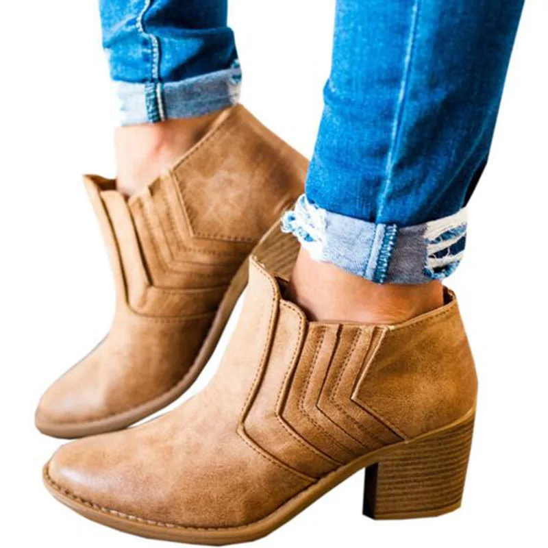 

Women PU Leather Casual Short Boots,Pointed Toe Mid Heels Square Martin Boots Slip-on Solid Color Pleated Design Ankle Boots