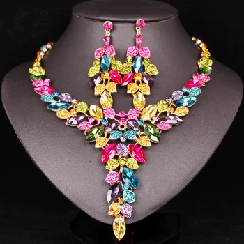 

New Fashion Crystal Long Statement Necklace Earrings Sets Bridal Wedding Party Costume Gold Color Leaves Jewelry Sets for Women