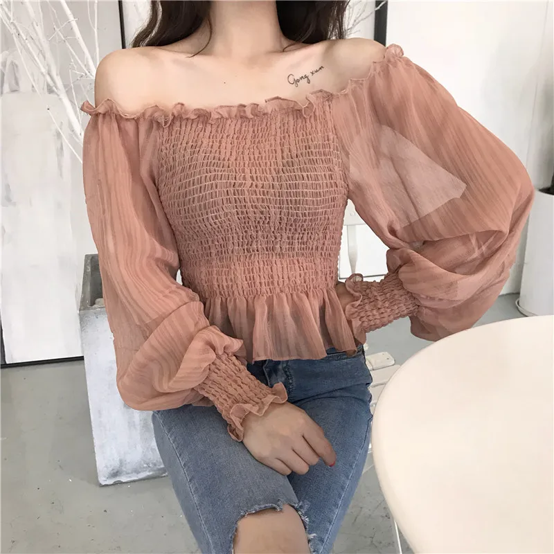 Shirts Women Slash Neck Lace Full Short Simple Elegant Ladies Korean Style Shirt Womens Slim Soft Chiffon Lantern Sleeve Shirt