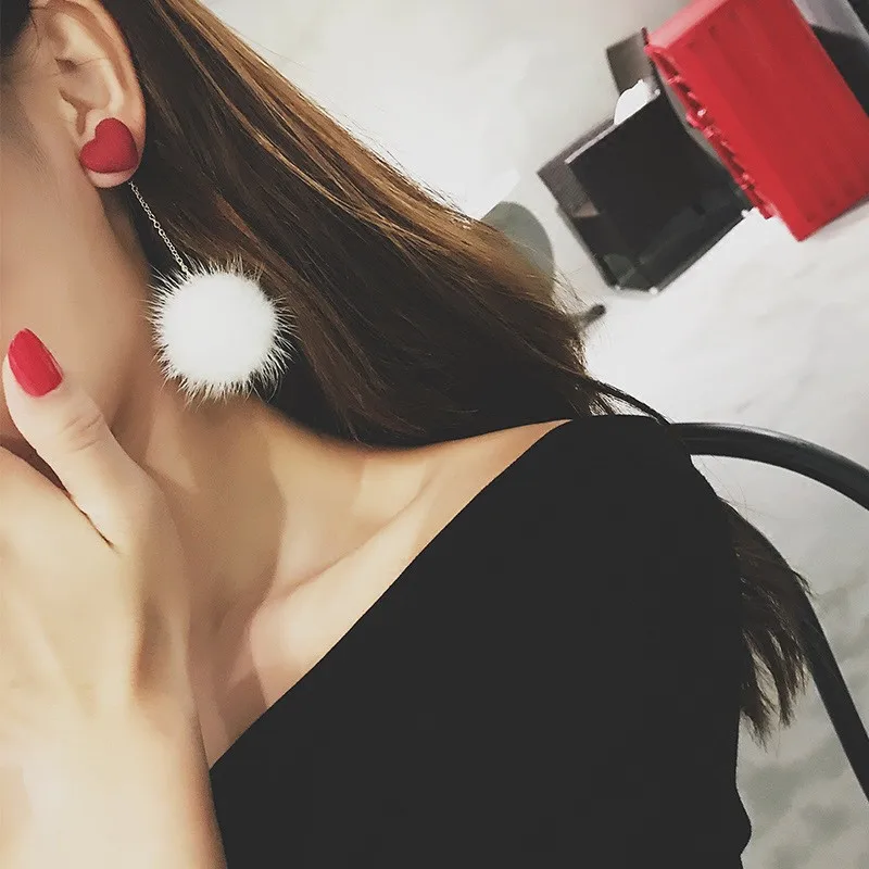 Korean Accessroies Soft Fur Ball heart PomPom Long Earrings01