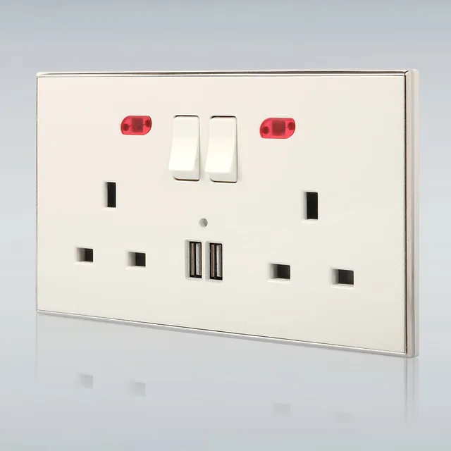 UK Type Double 13Amp Switched Power Outlet with Dual USB Charging Ports and Neon for Singapore
