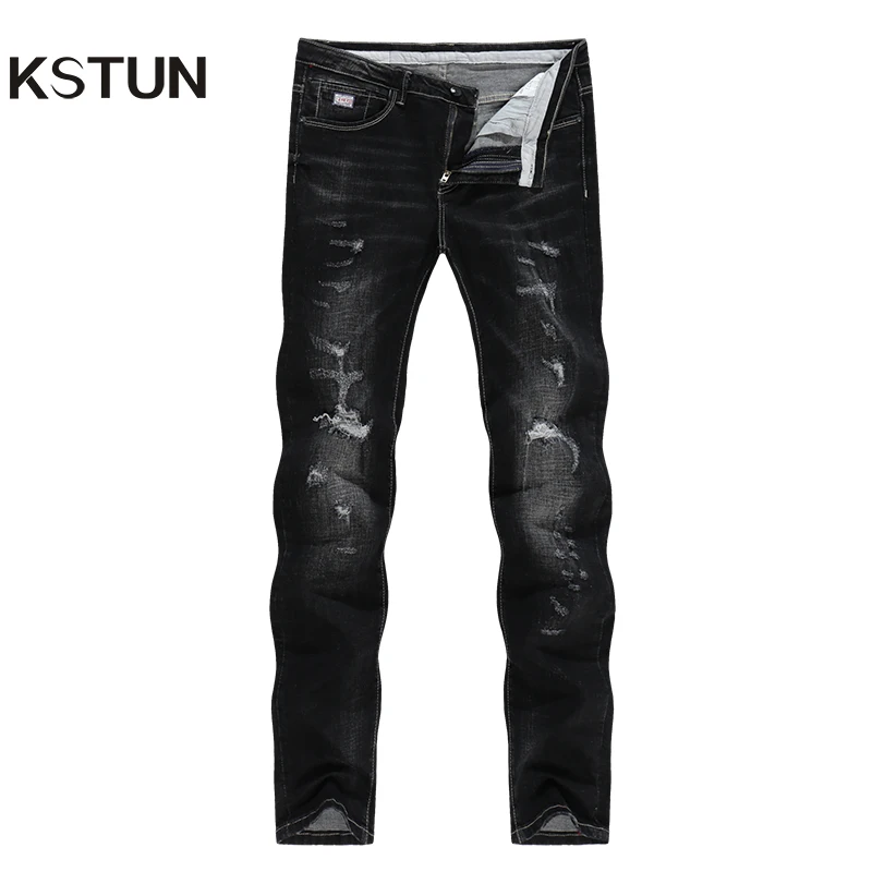 KSTUN Solid Black Jeans Men Autumn and Winter Distressed Stretch Streetwear Ripped Men Casual Pants Slim Hiphop Cowboys Trousers