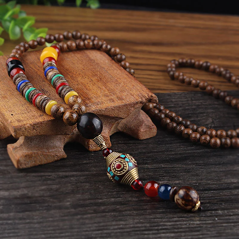 SEDmart Ретро этническое дерево лотоса будда Статуэтка-подвеска ожерелья для женщин непальская мантра Деревянный/стекло Бисер свитер цепь подарки