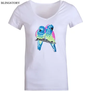 

BLINGSTORY Causal T Shirt Women Tops V-neck Cotton Tee Summer Camisetas Verano Mujer 2019 Plus Size 5XL Sequin Bird T-shirt