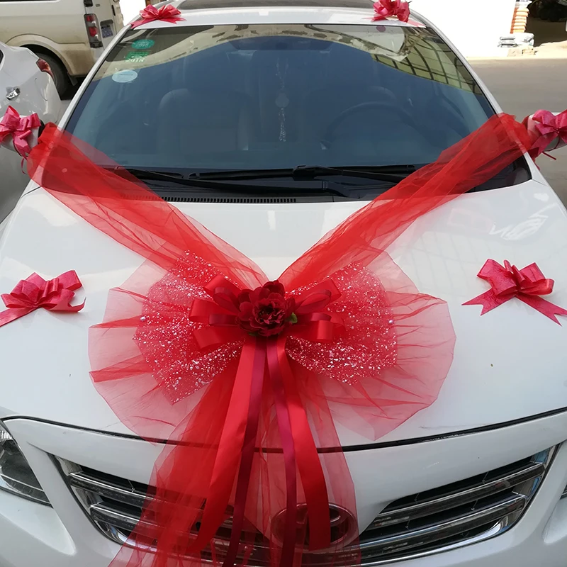 

3pcs Wedding car decoration silk bow artificial silk gauze fake flower party rose car decoration accessories holiday supplies