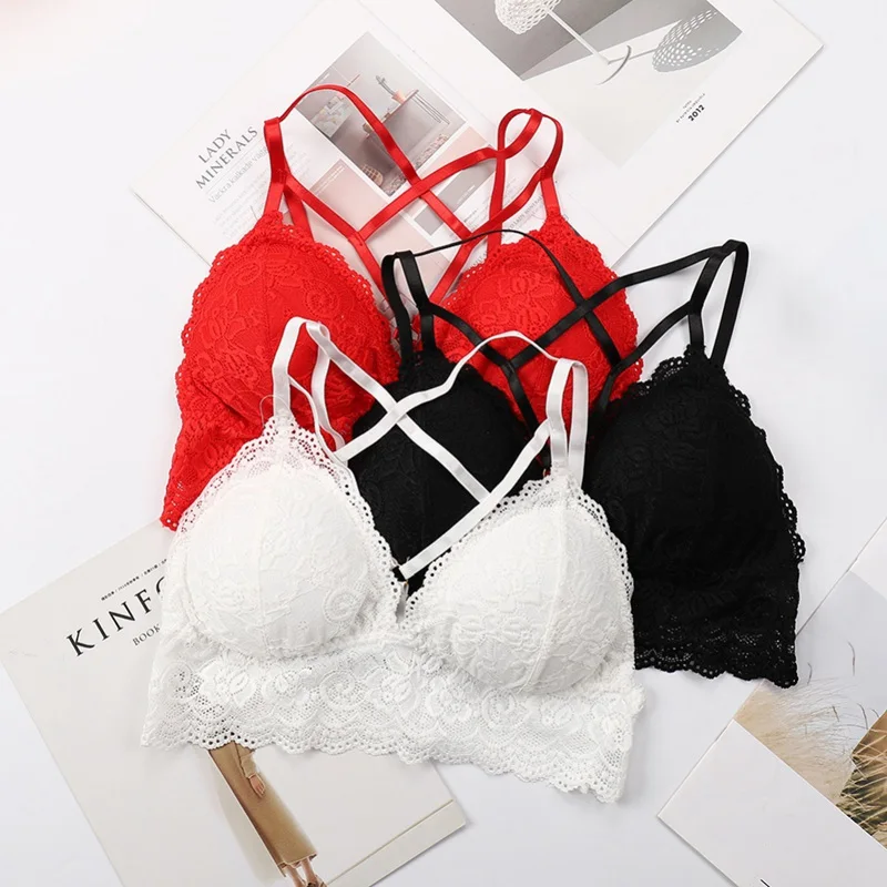 

Sexy Deep V Cross Straps Lace Push Up Bras for Women Backless Hollow Out Padded Cozy Wireless Bra Bralette 2019 New BH Underwear