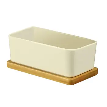 

1 Set Minimalist Geometry Simple creative rectangular White Ceramic Succulent Planter Pot bamboo tray flower Pot Home Decor