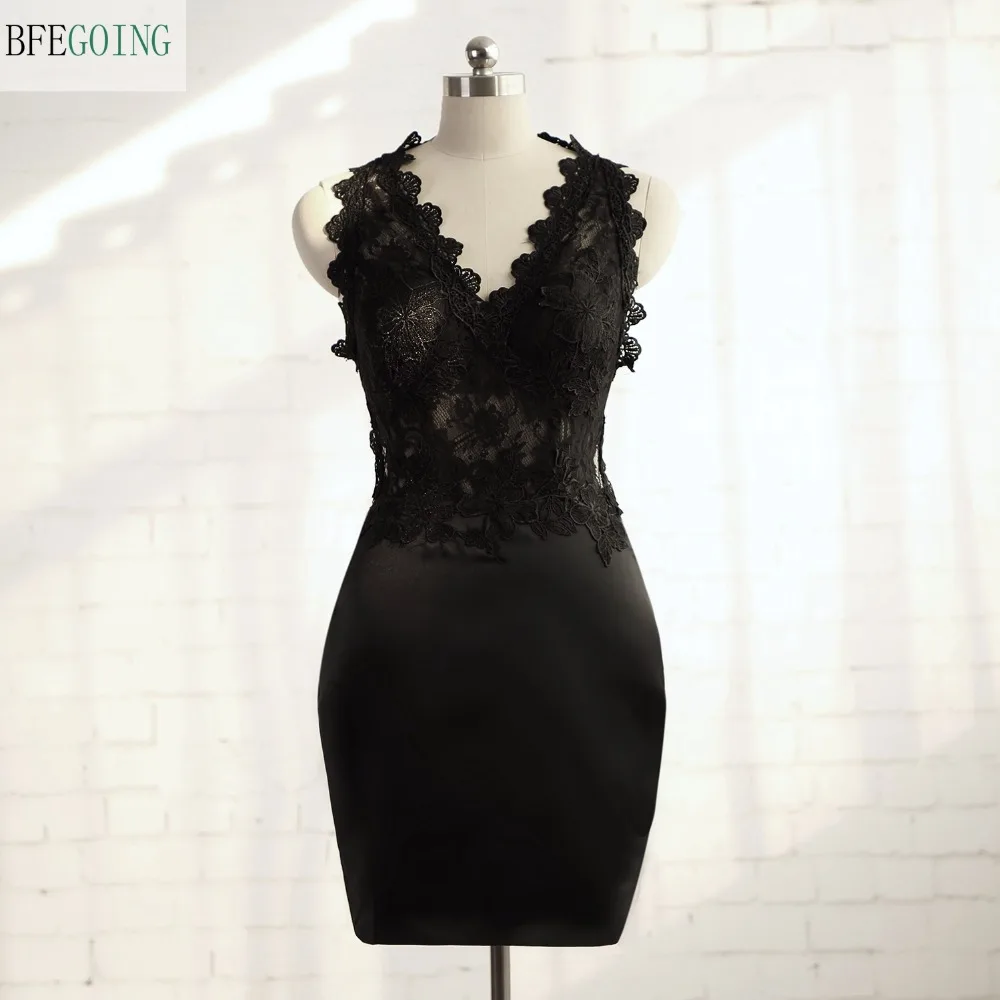 

Black Satin Sheath V-Neck Formal Bridesmaid Dress Knee-Length Sleeves Real/Original Photos Custom made