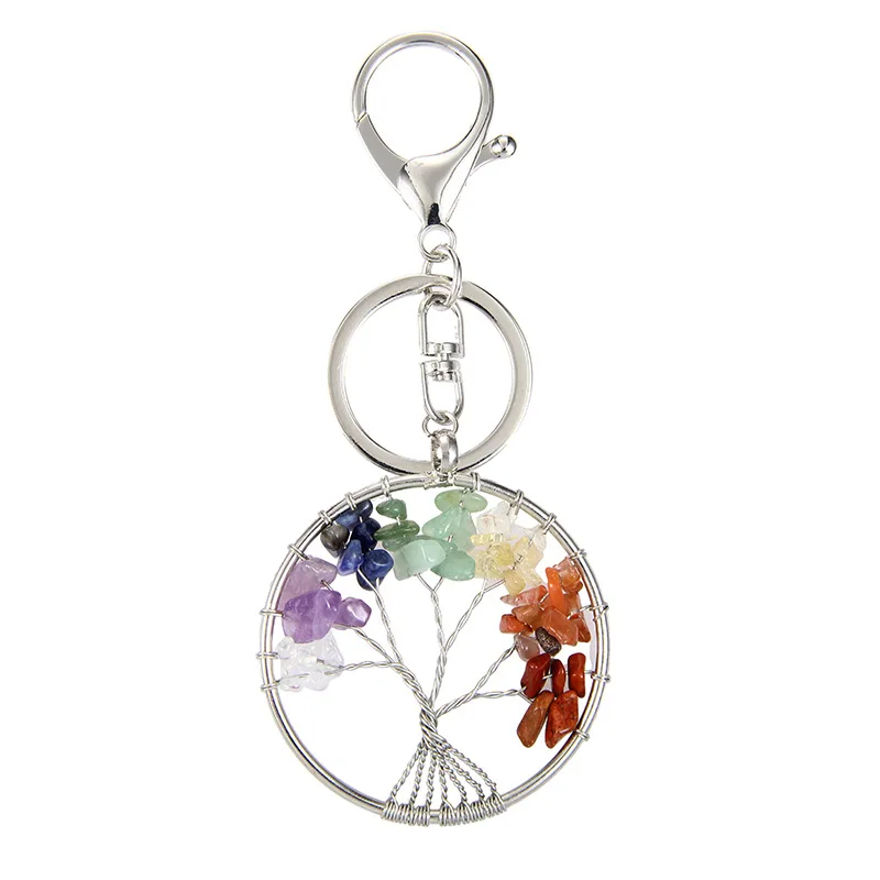 

Silver Color 7 Charka Tree Of Life Wisdom Tree Key Chain Handmade Crystal Natural Stone Keyring For Women