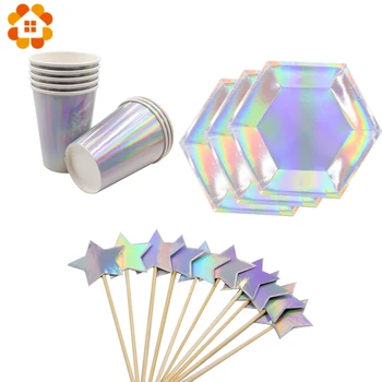

1Set Laser Disposable Tableware Sets Bling Paper Straws Party Cup Plates Party Tableware Wedding Decor Birthday Party Supplies