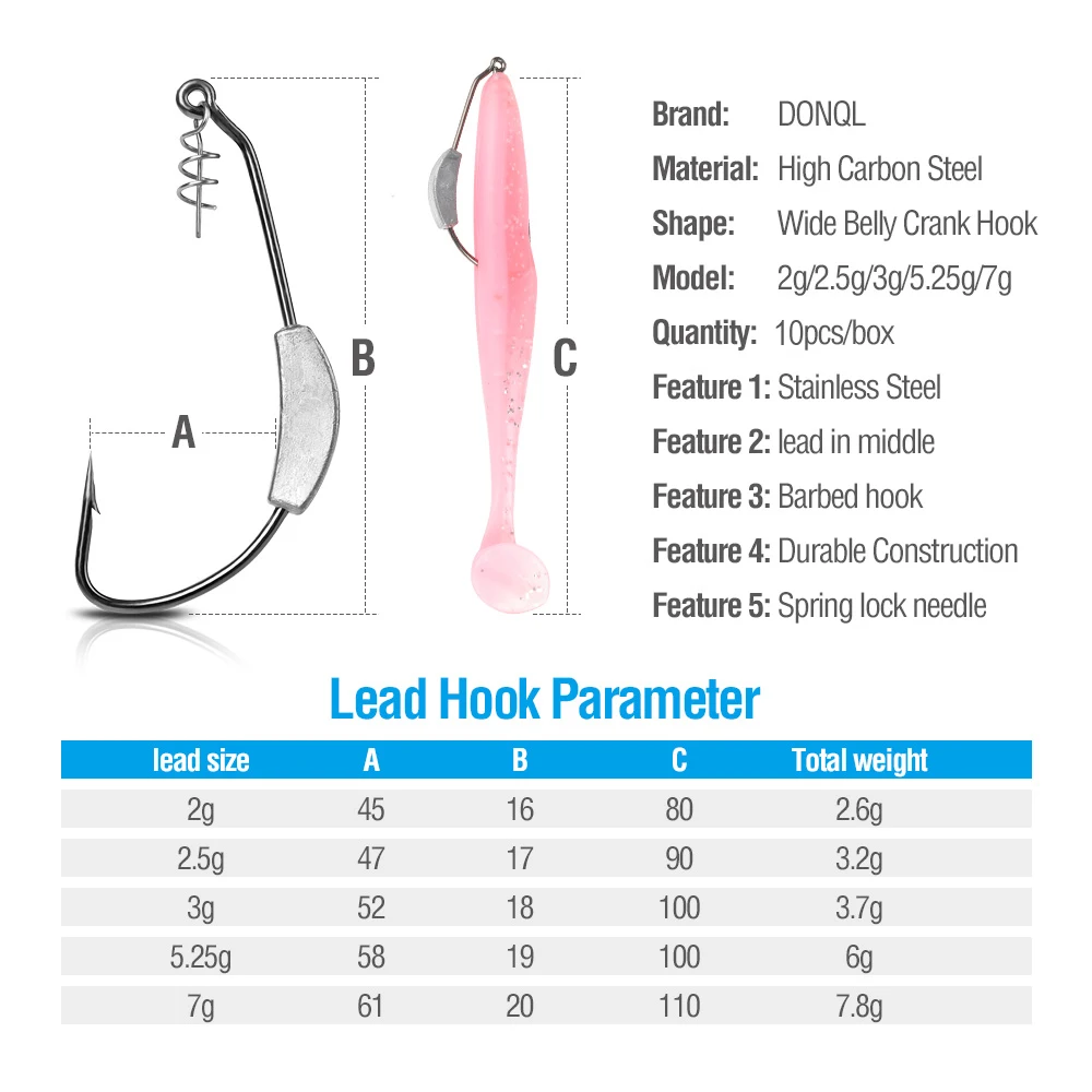 DONQL 10pcs Lot Lead Jig Head Fishing Hooks Wide Crank Offset Fishhooks for Soft Lure Baits 2g-7g Barbed Fishing Tackle Set     (11)