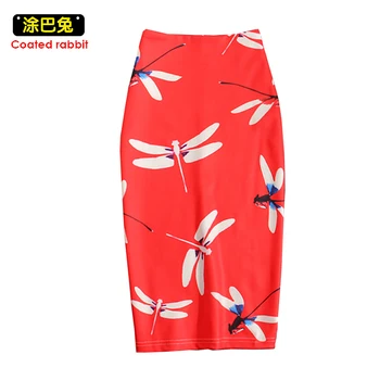 

Women Sexy Split Slim Skirts Hight Waist Ladies Summer Dragonfly Pattern Skirts Mid-Calf Bodycon Pencil Skirt Saia