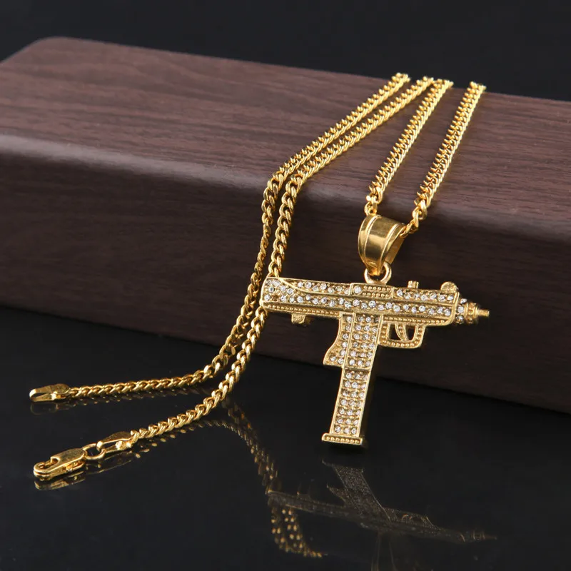 10PCS/Lot Fashion Golden Uzi Gun Pendant Necklace Men Alloy Full